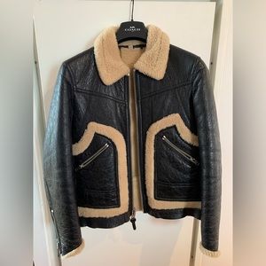 Mens COACH “Stinger” Aviator Moto-Style Zip Shearling Coat